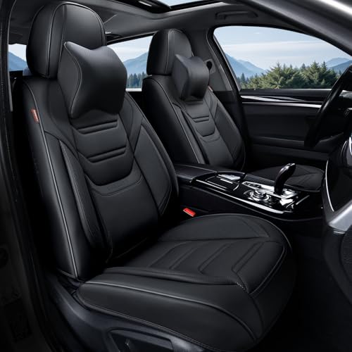 Image of TIEHESYT Black Car Seat Covers Front Pair, Breathable Leather Automotive Front Seat Covers & Headrest for Comfortable Driving, Universal Auto Interior Fit for Most Kinds of Vehicles, SUV, Sedans