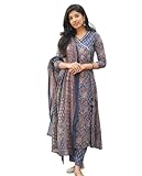 Archy Creations Women's Blue Cotton Printed V-Neck Anarkali Kurti Pant Set with Dupatta (US, Alpha, Large, Regular, Regular, Blue)
