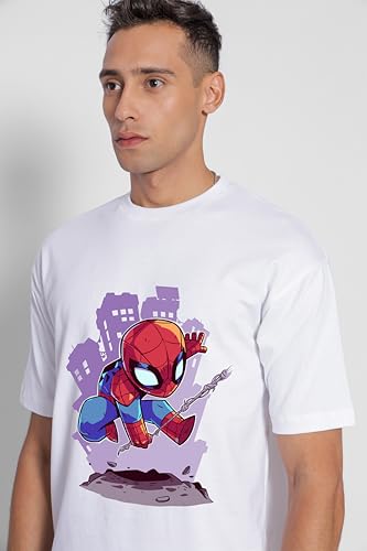 Image of Unisex 100% Cotton Superhero Graphic Printed Drop Shoulder Oversized Fit T-Shirt for Men and Women