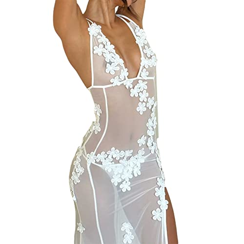 Image of Women See Through Sheer Lace Long Dress Sleeveless Floral Patch Maxi Dress Summer Beach Cover Up Vocation Dress