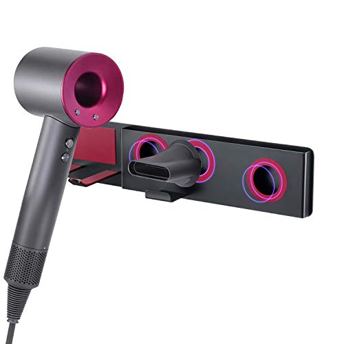 Oak Leaf 5-in-1 Hair Dryer Holder for Dyson, Wall Mount Metal Magnetic Blow Dryer Holder with Fuchsia Anti-Scratch Rubber Protection for Bathroom, Black