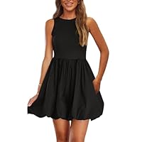 PRETTYGARDEN Summer Dresses for Women 2025 Casual Sleeveless Tank Mini Short Dress Crew Neck Bubble Sundress with Pockets (Black,Medium)