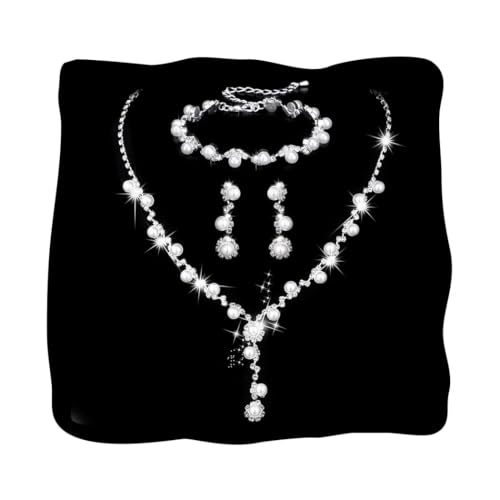 Unicra Silver Pearl Bridal Wedding Jewelry Set Rhinestone Necklace Earrings Bracelet Sets Formal Costume Jewelry for Women and Brides (Silver-3 Pack Necklace Bracelet Earrings)