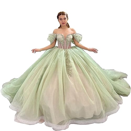 Glittering Green Sweetheart Quinceanera Dress Off Shoulder Beading Floral Applique Ball Gown