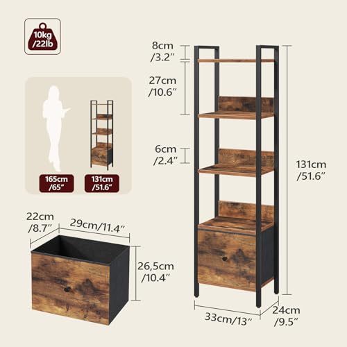 Bookshelf, 5-Tier Bookcase with Drawer, Small Book Shelf for Small Space, Storage Shelf Organizer, for Living Room, Bedroom, Study, Kitchen, Rustic Brown and Black BKHR55101 - Image 4