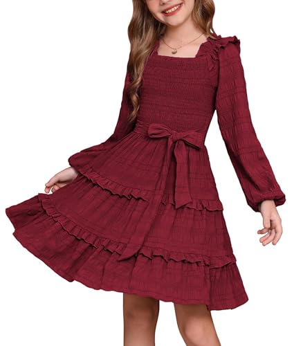 GRACE KARIN Kleider Mädchen Elegant Rüschen Langarm A-Linie Kleid Partykleid Festlich Hochzeit Weinrot 8 Jahre
