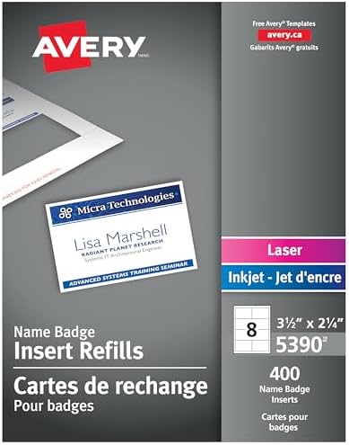 Avery Name Badge Inserts, 2.25" x 3.5", Print or Write, for Laser/Inkjet Printers, 400 Badge Inserts, (5390)