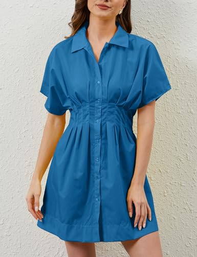 Image of MISSACTIVER Women Pleated Button Down Shirt Dress Short Sleeve Striped Corset Mini Dresses Casual Summer Short Dress