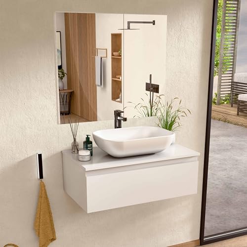 BELLOBATH - Mueble Baño Suspendido con Lavabo de Cerámica, Mueble Baño con Lavabo Montado con 1 Cajón, 80 x 27 x 46 cm, Mueble Blanco