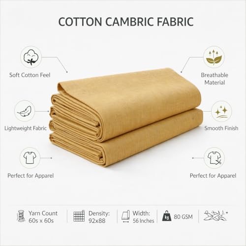 Image of Soimoi Beige Solid 60 * 60's Cotton Cambric Fabric by the Yard, 56 Inch Wide Light Weight Material Suitable for Kurtis, Blouses, Kids Clothing, Tunics, Dresses and Summer Apparel