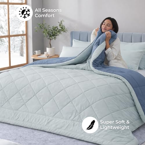 Image of King Size Comforter for Double Bed, 220 GSM Soft Microfiber AC Blanket, All Season Lightweight Reversible Bed Quilt, Premium Bedding, 90 x 100 Inch, Blue-Light Blue