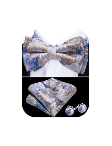 Barry.Wang Conjunto de pajarita y pañuelo de bolsillo pretied azul para hombre Conjunto de corbata floral