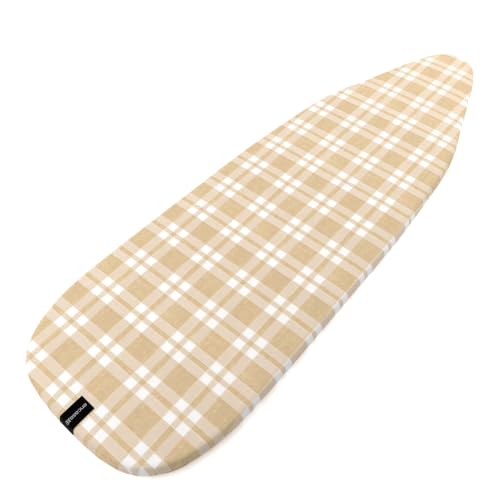 Image of Encasa XO Ironing Board Covers and Pad - 125x46 cm Fits Wide Iron Boards, Thick 4mm Felt, Elasticated Fit, Heat & Scorch-Resistant, Elastic Bungee Cord Tightening & Lock Franca Beige Checks