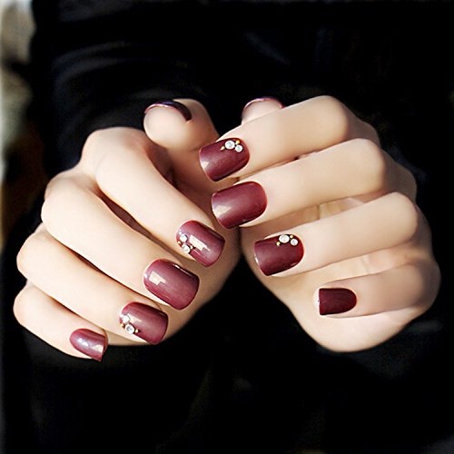 Yean 24 Pcs False Nail Vintage Wine Red Short Square Glossy Bridal Fake Nail Tips with Rhinestones - Nail strips Finger Decoration with Glue and Adhesive Tab for women and girls