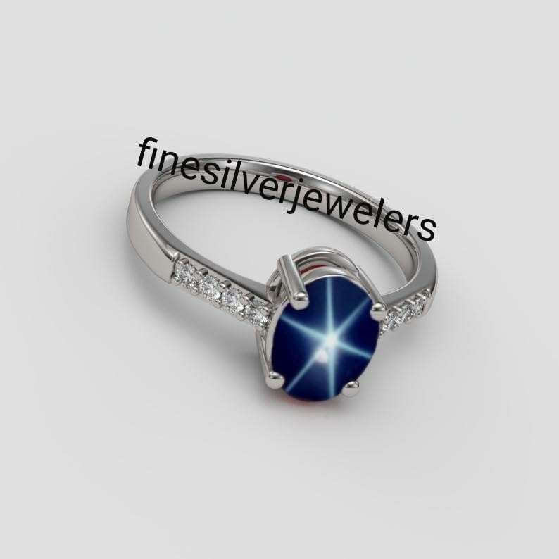 925 Sterling Silver Blue Star Sapphire Ring Celestial Sapphire Gems Jewelry Elegant Promise & Statement Ring for Her
