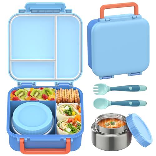 Bento Lunch Box for Kids with 9oz Thermo, Leak-proof Lunch Containers with 3 Compartments,Kids-friendly Size,Durable/Dishwasher Safe Lunch Box for...