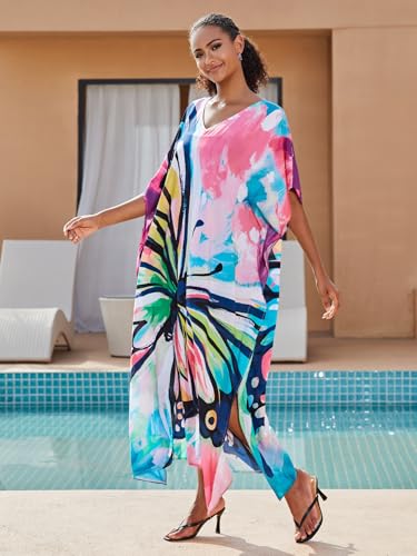 Image of KECVOT Kaftan Dresses for Women V-Neck Print Swimsuit Cover Up Plus Size Beach Caftan Lounge Dress