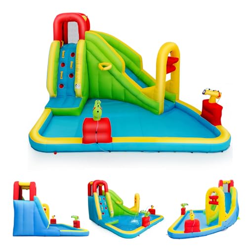 LIFEZEAL Gran Castillo Hinchable 400x335x230 cm, Parque Acuático Infantil con Tobogán, Piscina, Muro de Escalada, Cañón de Agua, Baloncesto, Pelota Hinchable, para niños de 3 a 10 años (sin soplador)