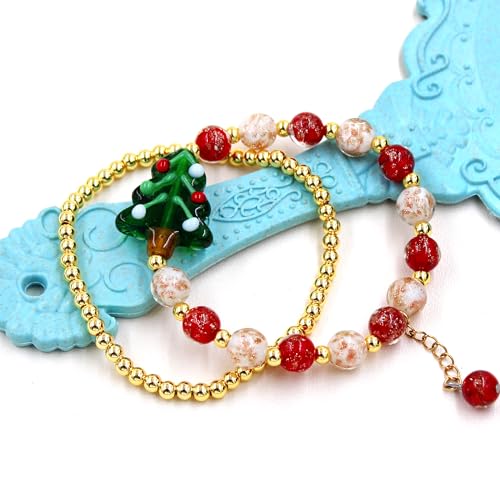 Image of 2 Christmas Couple Bracelets, Santa /Christmas Starfish /Christmas Tree Charm and 4mm Brass Beaded Stretch Bracelet for New Year Gifts for Family and Friends