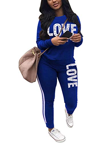Kansoon Women's Letter Print 2 Piece Outfits Round Neck Long Sleeve Sweatshirt And Pants Set Tracksuit Blue L #TOP14