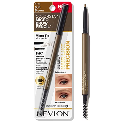 Revlon ColorStay Micro Eyebrow Pencil with Built In Spoolie Brush, Infused with Argan and Marula Oil, Waterproof, Smudgeproof, 453 Soft Brown, 0.003 oz