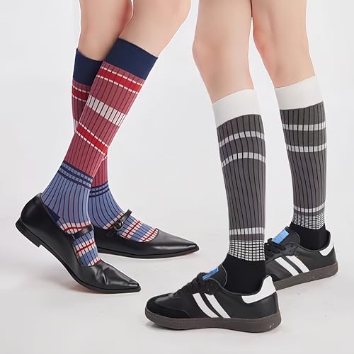 4/8 Pairs Retro Style Striped Knee High Socks for Women Academic Combed Cotton Stockings for Daily Wear and Sports4