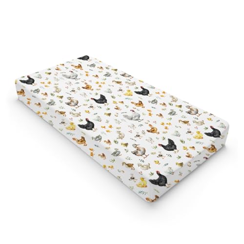 Image of Spring Farm Animals Boho Leaves Changing Pad Covers Chick Rooster Hen Duck Eggs Baby Diaper Changing Pad Cover for Boy Girl Soft Breathable Stretchy Baby Changing Table Sheets Mats 32''x16''