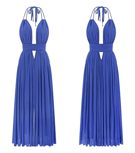 Image of R.Vivimos Boho Maxi Dresses for Women 2026 Summer Sleeveless Halter Elastic Waist Sexy Backless Front Slit Flowy Long Dresses