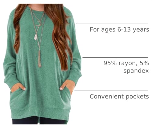 Image of Girls Shirts for 6-13 Years Long Sleeve Crewneck Tops with Pockets