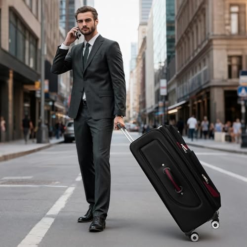 New York XPress 32'' Large Softside Suitcase,Expandable 15% Luggage,with Double Spinner Wheels and LOCK,Lightweight Travel Suitcase for Men/Women（Black-Burgundy,32in）