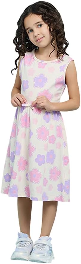 R&B Girl's 126-1-KG353-1 Floral Print Sleeveless Dress with Round Neck