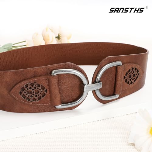 SANSTHS Vintage Women Stretchy Wide Belt Chunky Buckle Elastic Wide Waist Belts for Dresses Coats