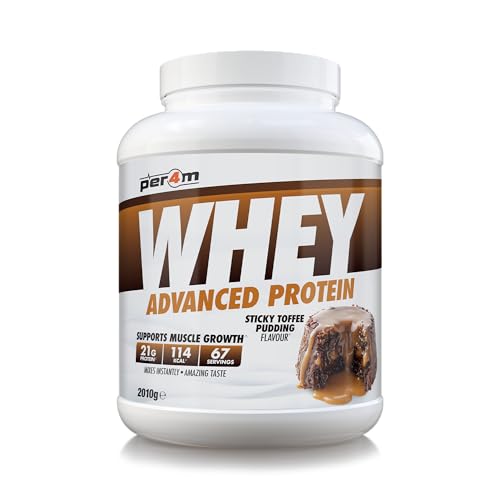 Per4m Whey Protein Powder | High Protein Shake for Muscle Growth & Recovery | Low Sugar Gym Supplement | Sports Nutrition Drink + Amino Acids (2010g, Sticky Toffee Pudding)