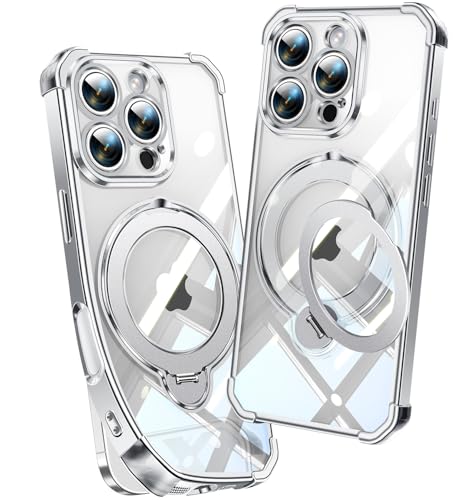 Image of Soft Case for iPhone 16 Pro with 360 Rotating Magnetic Stand, Compatible with Mag-Safe, 4X MIL-Drop Protection, Lightweight Glossy Anti-Yellowing Clear Back Phone Cover for iPhone 16 Pro, Silver