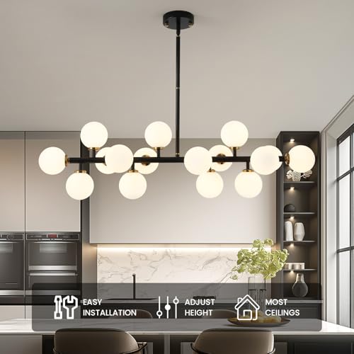 Black and Gold Chandelier Modern Rectangle Chandelier Glass Globe Pendant Light Fixture Adjustable for Dining Living Room Kitchen Island 16-Light — view 5