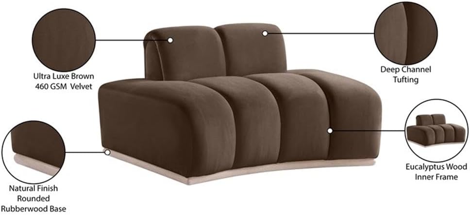 BOWERY HILL Contemporary Deep Channel Tufted Accent Chair, 55" W x 37" D x 28" H, Ultra Luxe Brown Velvet, Natural Rubberwood Base, Art Deco Design, Durable Upholstery, Living Room Seating