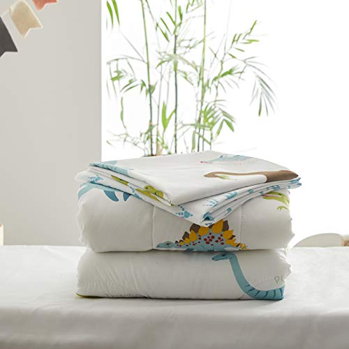 4 Pieces Toddler Bedding Set Dinosaur with Colorful Dinos and Monsters Toddler Comforter Sheet Set for Autumu and Winter Includes Comforter, Flat Sheet, Fitted Sheet and Pillowcase White by UOZZI BEDDING - Image 9