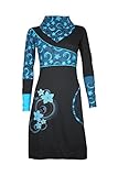 Sehr angenehm zu tragen Filosophie Verspieltes feminines Langarm Kleid mit ausgefallenem Kragen und Ethno Muster - 100% Baumwolle - SIMA türkis (L/XL)