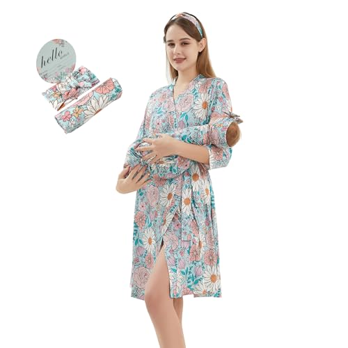 Galabloomer Maternity Robe and Baby Receiving Blanket, Matching Mommy Labor Delivery Robe and Swaddle Set Leopard