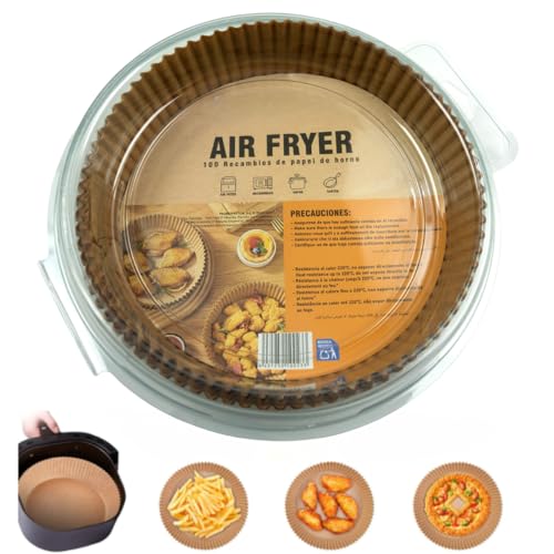 Forro de Papel Antiadherente para Freidora de Aire, 100 Unidades, Redondas, 16-20 cm, Apto para Alimentos, Libre de BPA, para Freidoras de 3-4.5L y Microondas