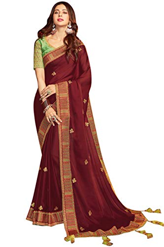 Skyview Fashion Saris für Frauen || Ethnischer indischer Bollywood Hochzeitsgeschenk Sari mit ungenähter Bluse, kastanienbraun Cover