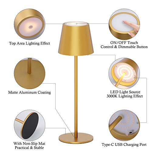 Ralbay 2 Pack Rechargeable Led Table Lamp,Portable Gold Outdoor Table Lamp Waterproof 3W 5000Mah Battery Desk Lamp,Stepless Dimmable Metal Table Light For Outdoor Restaurant Home Patio Light(Gold) #TOP3