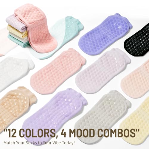 Image of Non-Slip Pilates Yoga Socks for Women Cotton Crew Striped Bow Embroidery for Barre Ballet Dance Workout