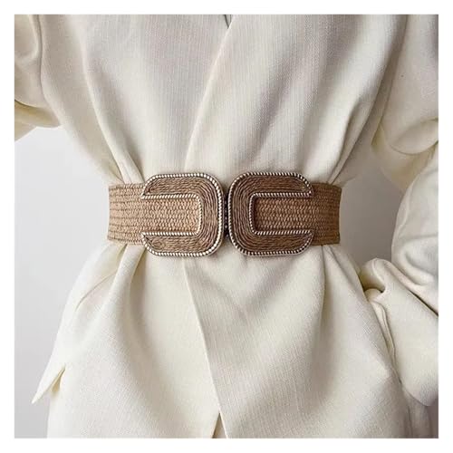 Women's Woven PP Straw Elastic Belt U-shaped Decorative Buckle Fashion Beige Waist Seal for Women Dress4