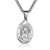 P. BLAKE Stainless Steel St. Saint Joseph Medal Necklace Catholic Saint Joseph Pray for Us Pendant with Chain