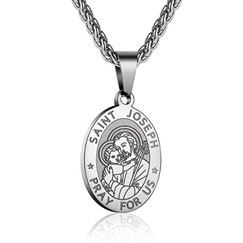 P. BLAKE Oval Saint Christopher/Michael/Joseph/Jude/Virgin Mary/Joseph/Francis/Patrick/Anthony/Benedict/Thomas Necklace for Men Women, Stainless Steel Catholic Patron Pendant with Chain 24 Inches