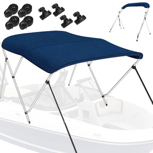 PuroShelt Bimini Tops for Boats Navy 3 Bow L6 x W54-60 x H46 900D Polyester Bimini Top 2 Rear Support Poles and Storage Boot 4 Adjustable Nylon Straps