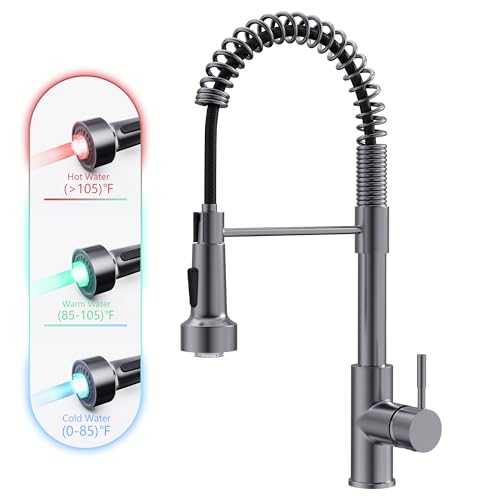 Image of GIMILI Black Stainless Kitchen Faucet with Pull Down Sprayer Single Hole Stainless Steel LED Faucet, Suitable for Farmhouses, RV, Laundry Room, Outdoor, and Campers. Llave para fregadero de cocina