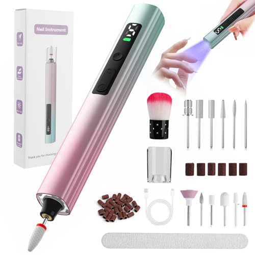 PUGTOW Ponceuse à Ongles Électrique Sans Fil, Kit Manucure avec Lampe UV LED, Batterie Rechargeable, 12 Embouts pour Gel et Acrylique