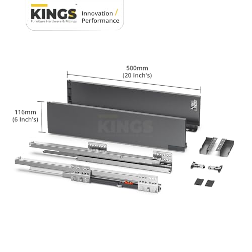 Image of Kings Soft Close Tandem Box Drawer System for Modular Kitchen | Load Capacity Upto 45 Kg | Galvanised Steel, Full Extension Slides- 500mm Length x 116mm Height (6 Inch), Iron Grey- 5 Year Warranty